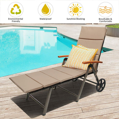 Folding Rattan Lounge with Wheels Aluminum Patio Lounger with 7 Adjustable Positions