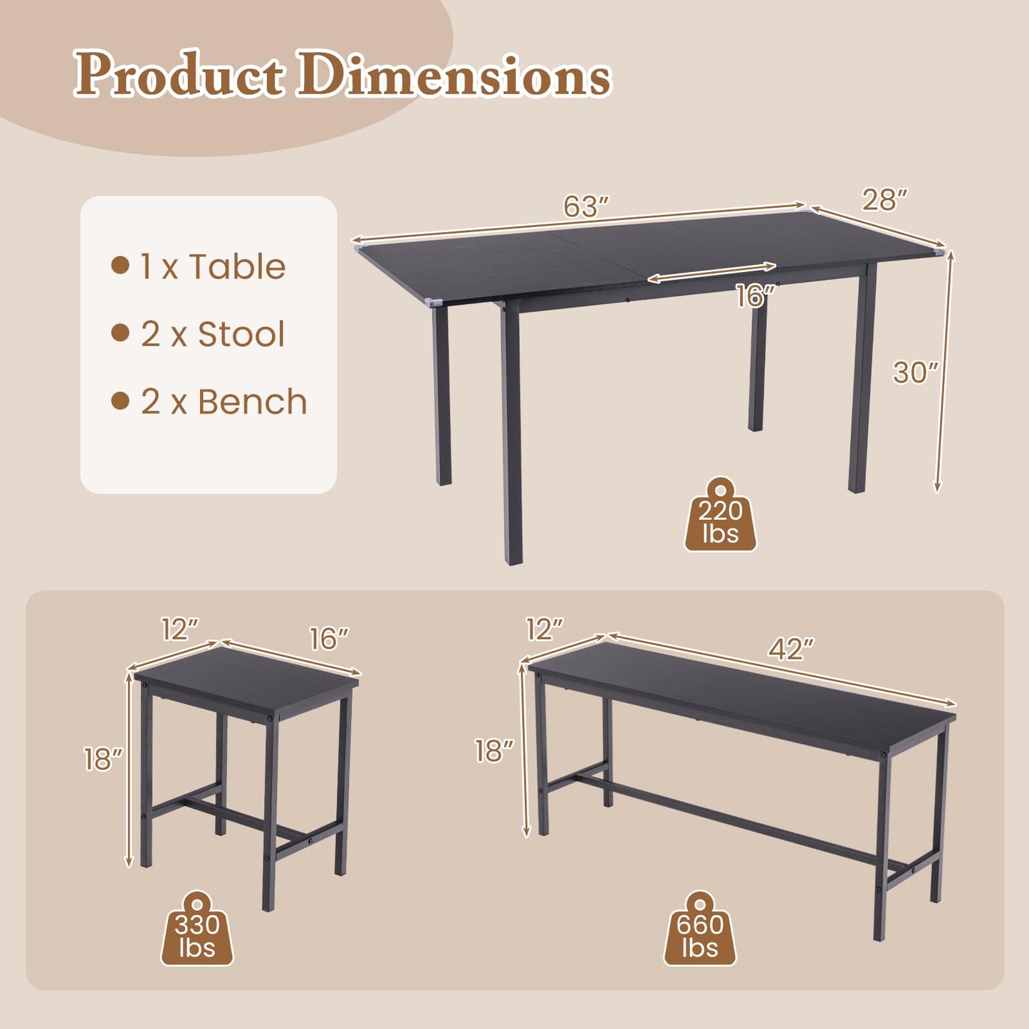 Extendable Dining Table Set for 4-6 with 2 Benches and 2 Square Stools