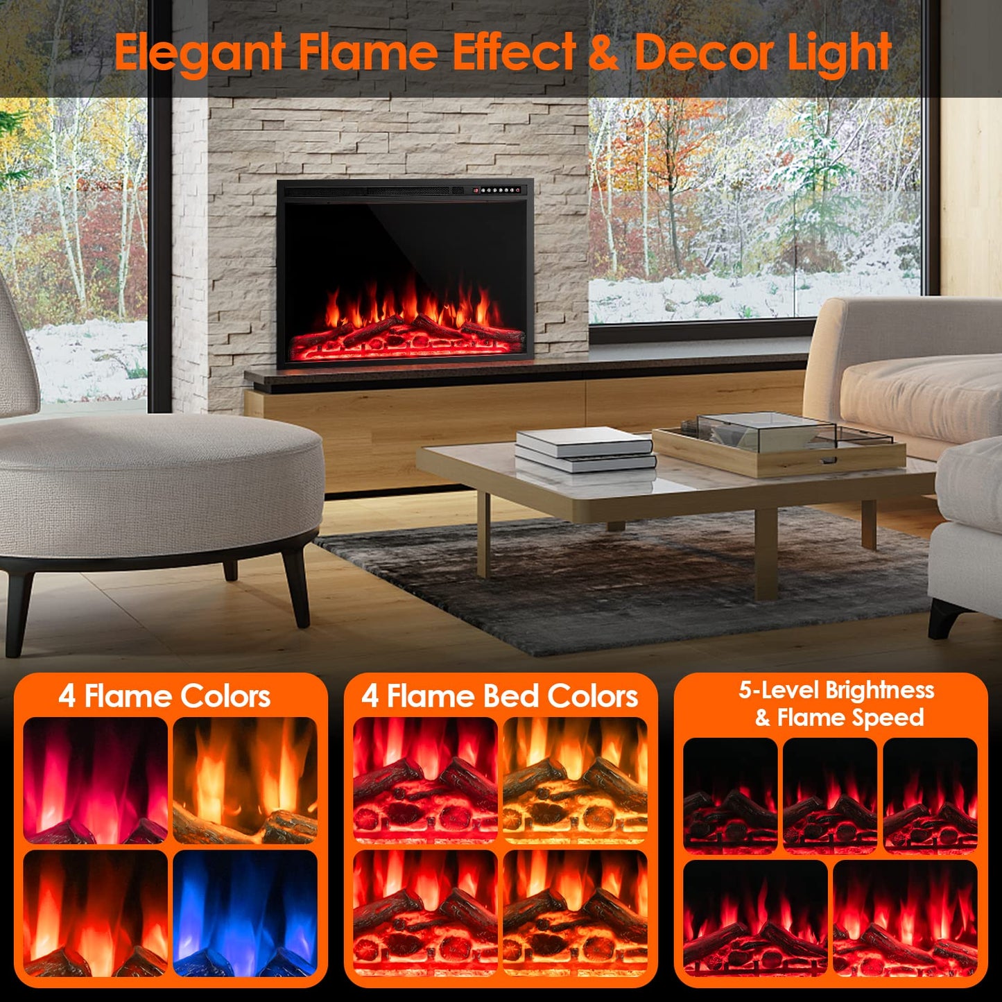 37-Inch Electric Fireplace, Wall-Mounted and Recessed Fireplace Heater with 4 Flame and Log Colors