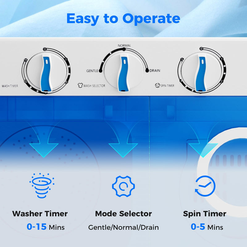 Portable Washing Machine, 17.6lbs Compact Portable Washer Twin Tub Combo with Pump Drain (Blue & White)