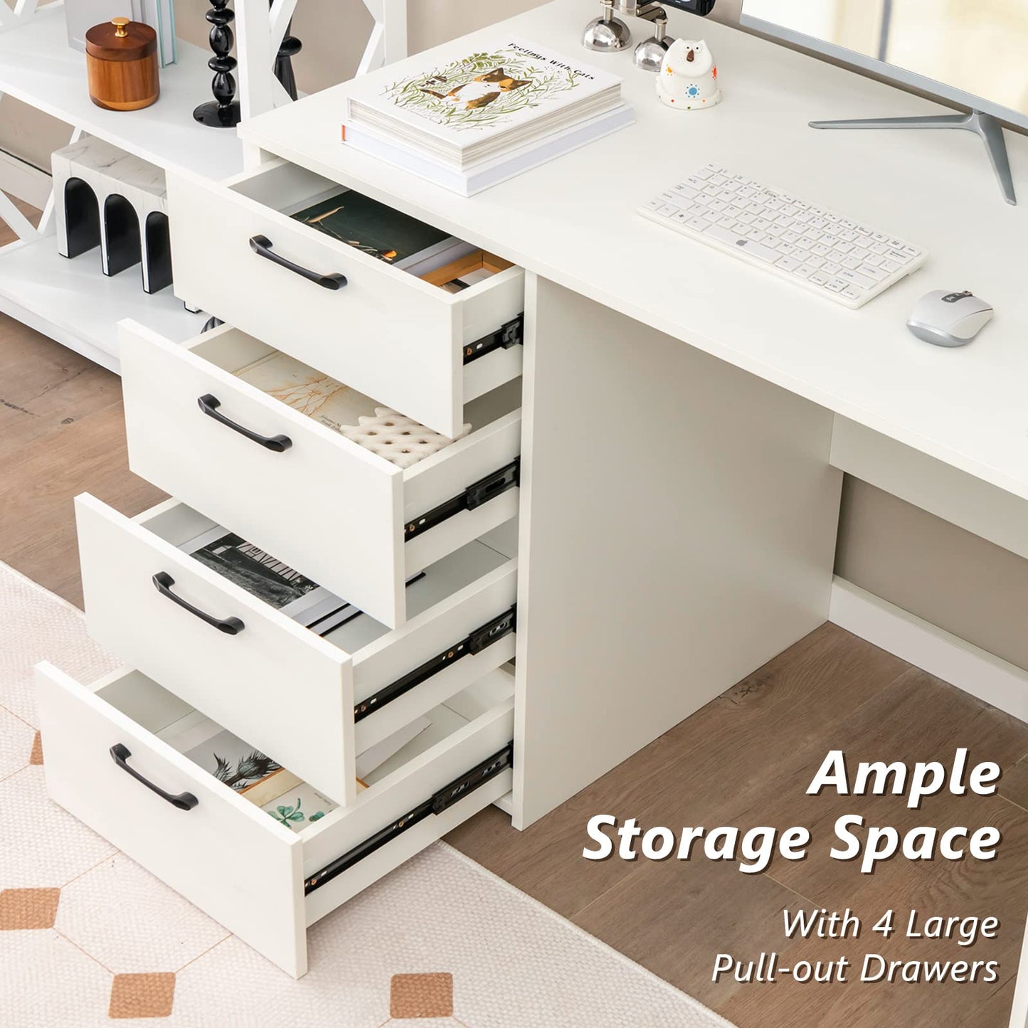White Computer Desk with 4 Large Drawers Home Office PC Desk Workstation for Writing