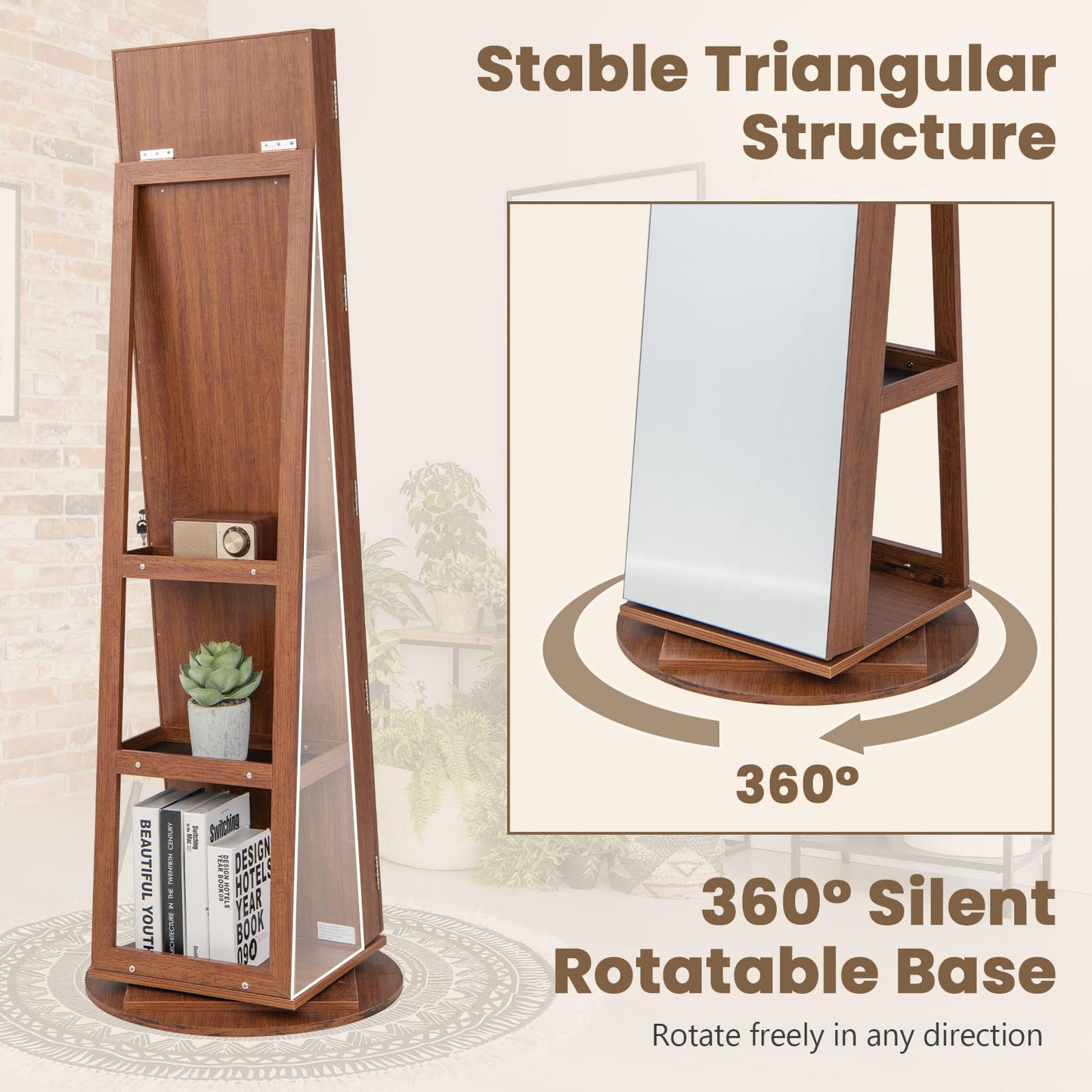 360° Rotating Mirrored Jewelry Cabinet Armoire 3 Color LED Modes Lockable