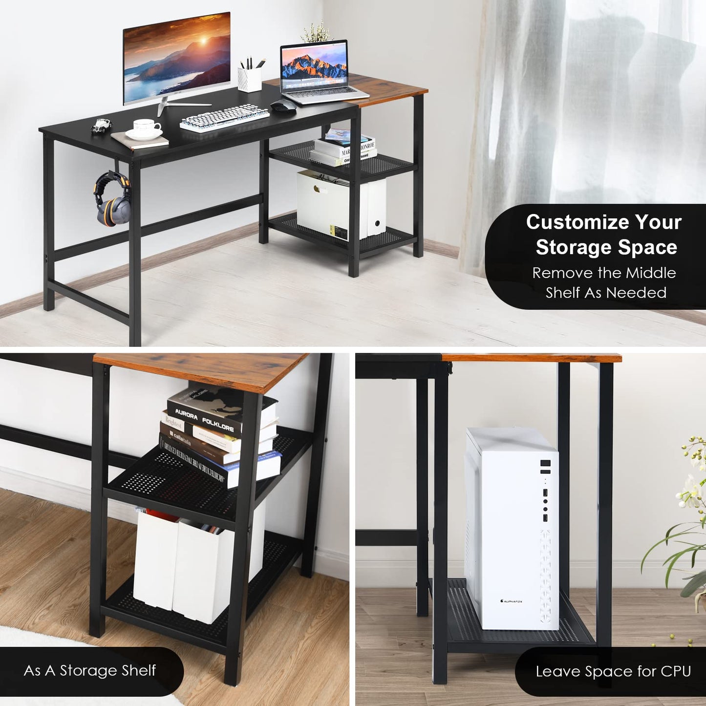 59” Computer Desk with 2 Removable Storage Shelves for Home Office