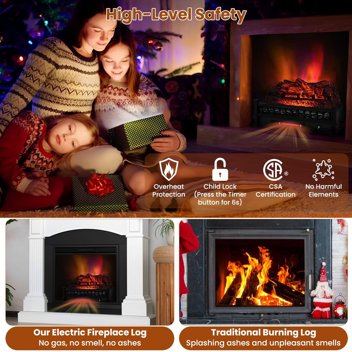 26 Inch Electric Fireplace Log Set Heater, Fireplace Insert Log Heater with Remote Control