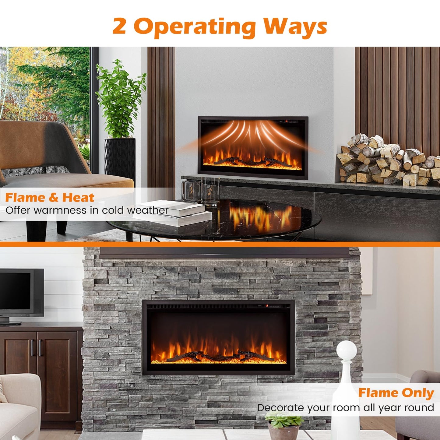 Electric Fireplace 36-Inch Wide, 9 Flame Color, 5-Level Brightness, 8H Timer, Thermostat