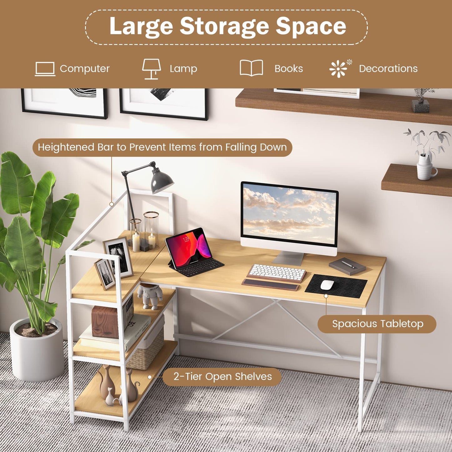 59 Inch L-Shaped Computer Desk with Open Storage Shelves