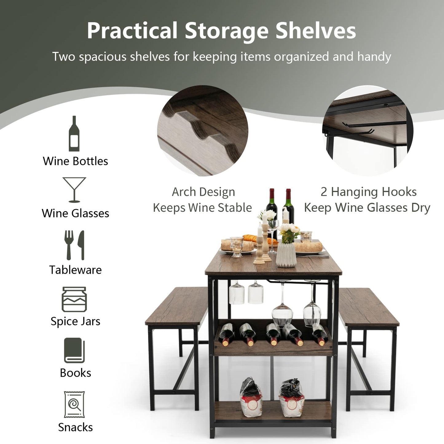 3-Piece Dining Table Set for 4 Rustic Pub Dining Table with 2 Benches