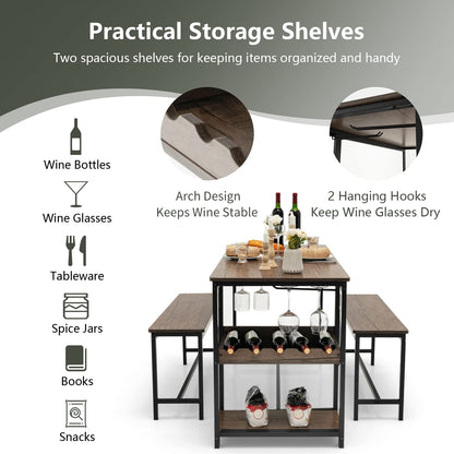 3-Piece Dining Table Set for 4 Rustic Pub Dining Table with 2 Benches