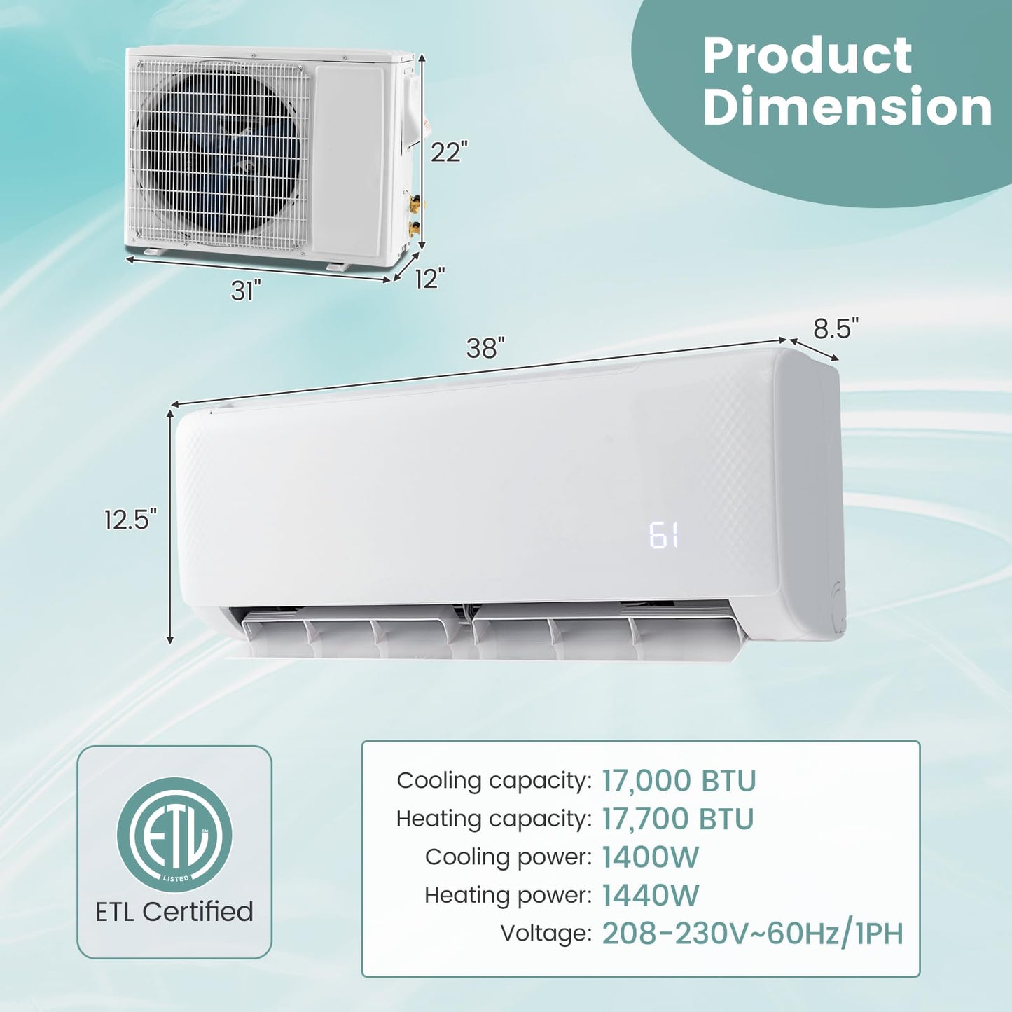 ARLIME Mini Split AC/Heating System, 18000 BTU 21 SEER2 Energy Saving Split Air Conditioner