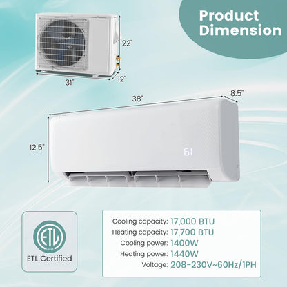 ARLIME Mini Split AC/Heating System, 18000 BTU 21 SEER2 Energy Saving Split Air Conditioner