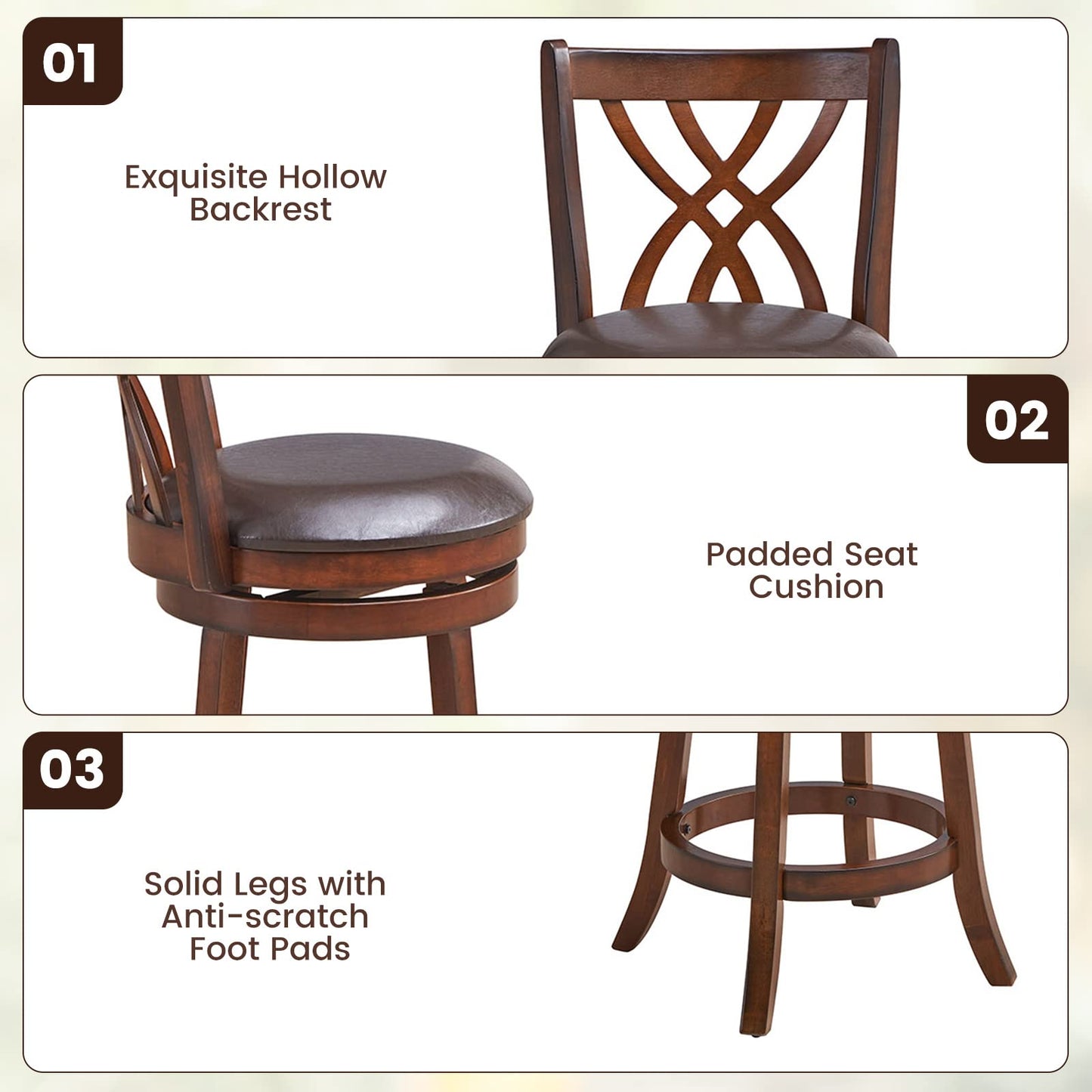 360° Swivel Chairs Bar Stools with Rubber Wood Frame PU Leather Cushioned Seat and Footrests