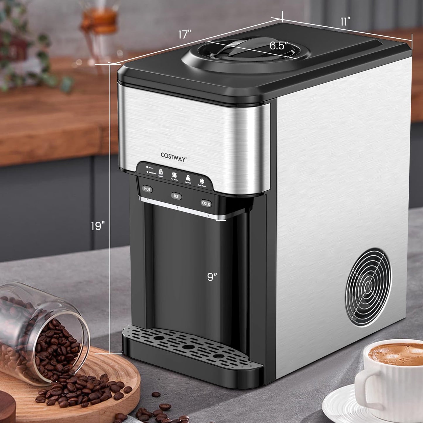 Water Dispenser with Ice Maker, 3-in-1 Countertop Hot/Cold Dispenser with Ice Machine