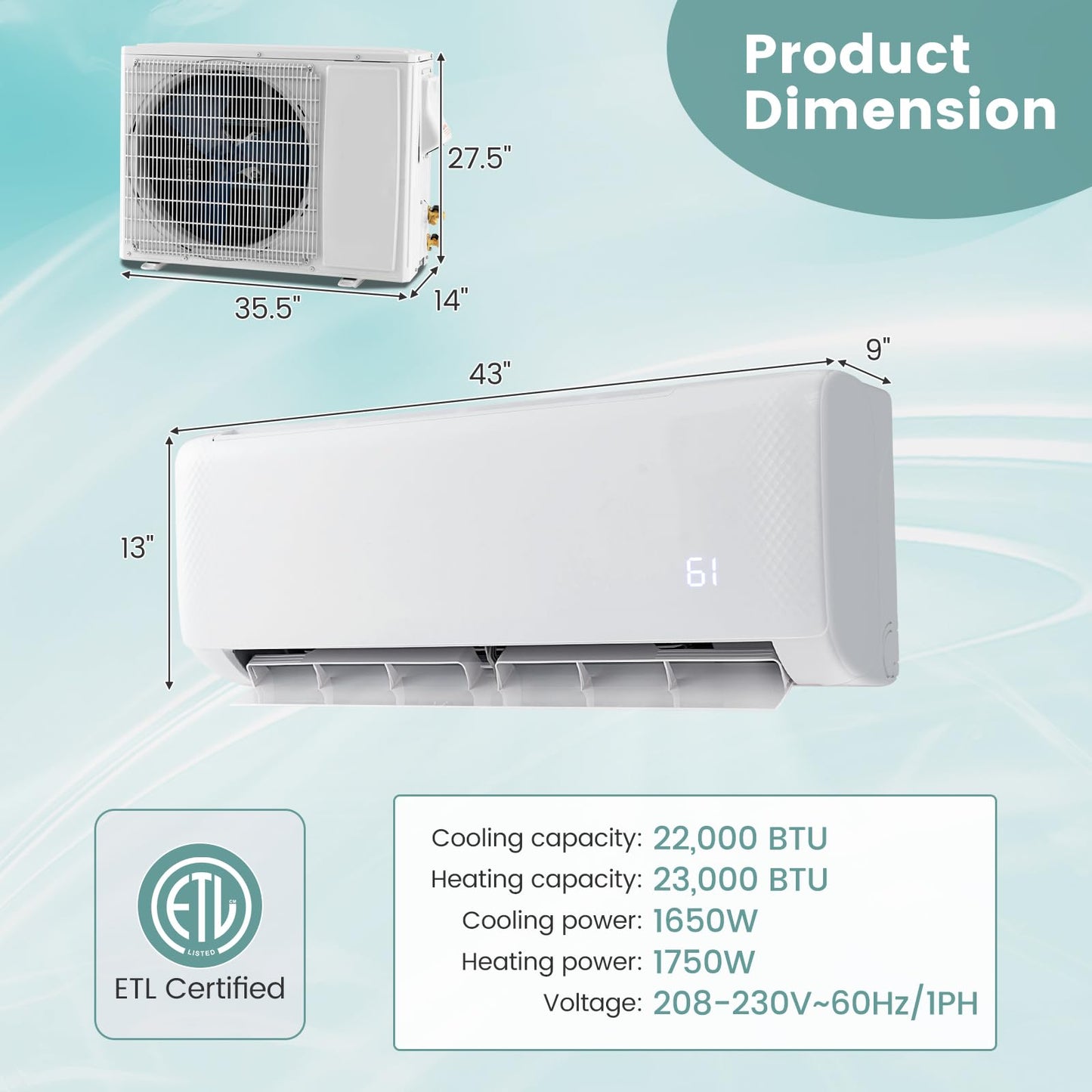 ARLIME Mini Split AC/Heating System, 24000BTU 21 SEER2 Split Air Conditioner w/ 1.5 Ton Heat Pump & Installation Kit