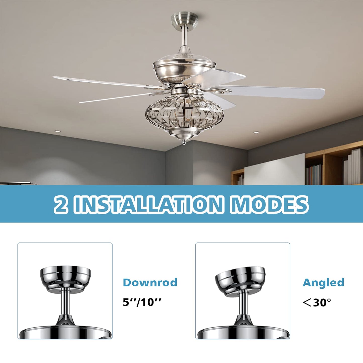 52Inch Ceiling Fan Light, Ceiling Fan with Light and Remote Control, Reversible Fan Blades