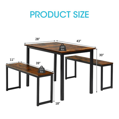 3 PCS Dining Table Set for 4 with 2 Benches for Dining Room