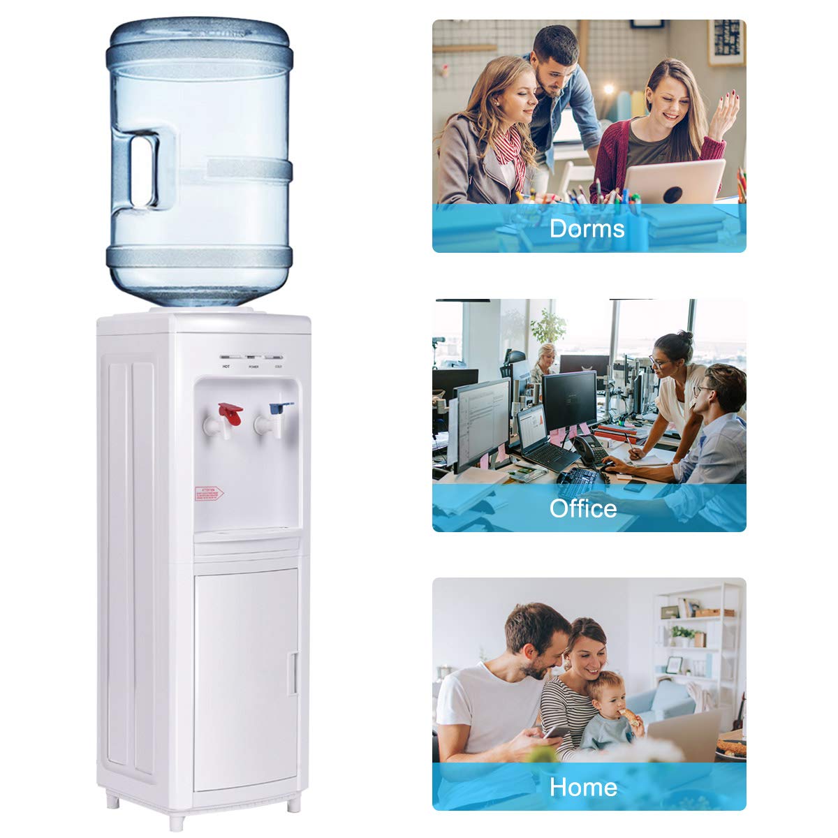Water Cooler Dispenser for 3-5 Gallon Bottle, Top Loading Hot and Cold Water Dispenser with Storage Cabinet
