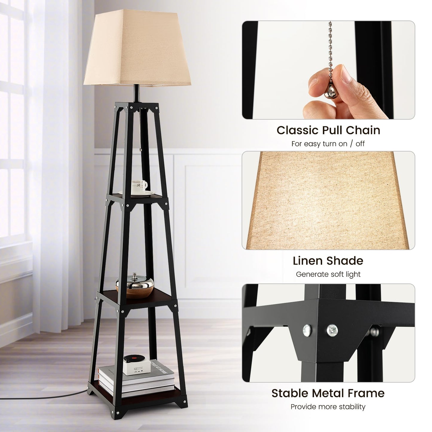 ARLIME Shelf Floor Lamp, Modern Wood Square Standing Lamp with 3 Tiers Shelves and Linen Shade