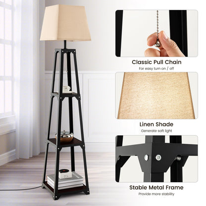 ARLIME Shelf Floor Lamp, Modern Wood Square Standing Lamp with 3 Tiers Shelves and Linen Shade