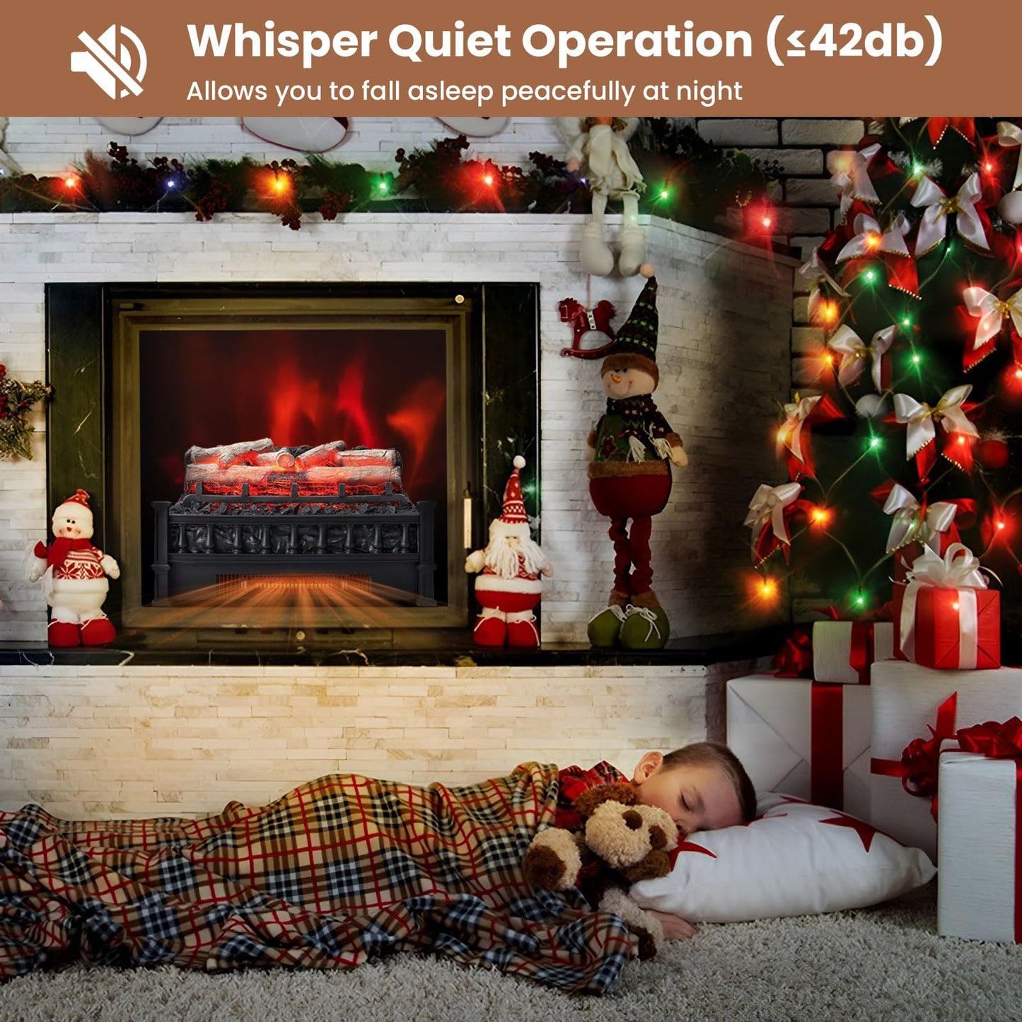 20” Electric Fireplace Log Set Heater with Adjustable Temp, Overheating Protection, Realistic Birch Wood Ember Bed