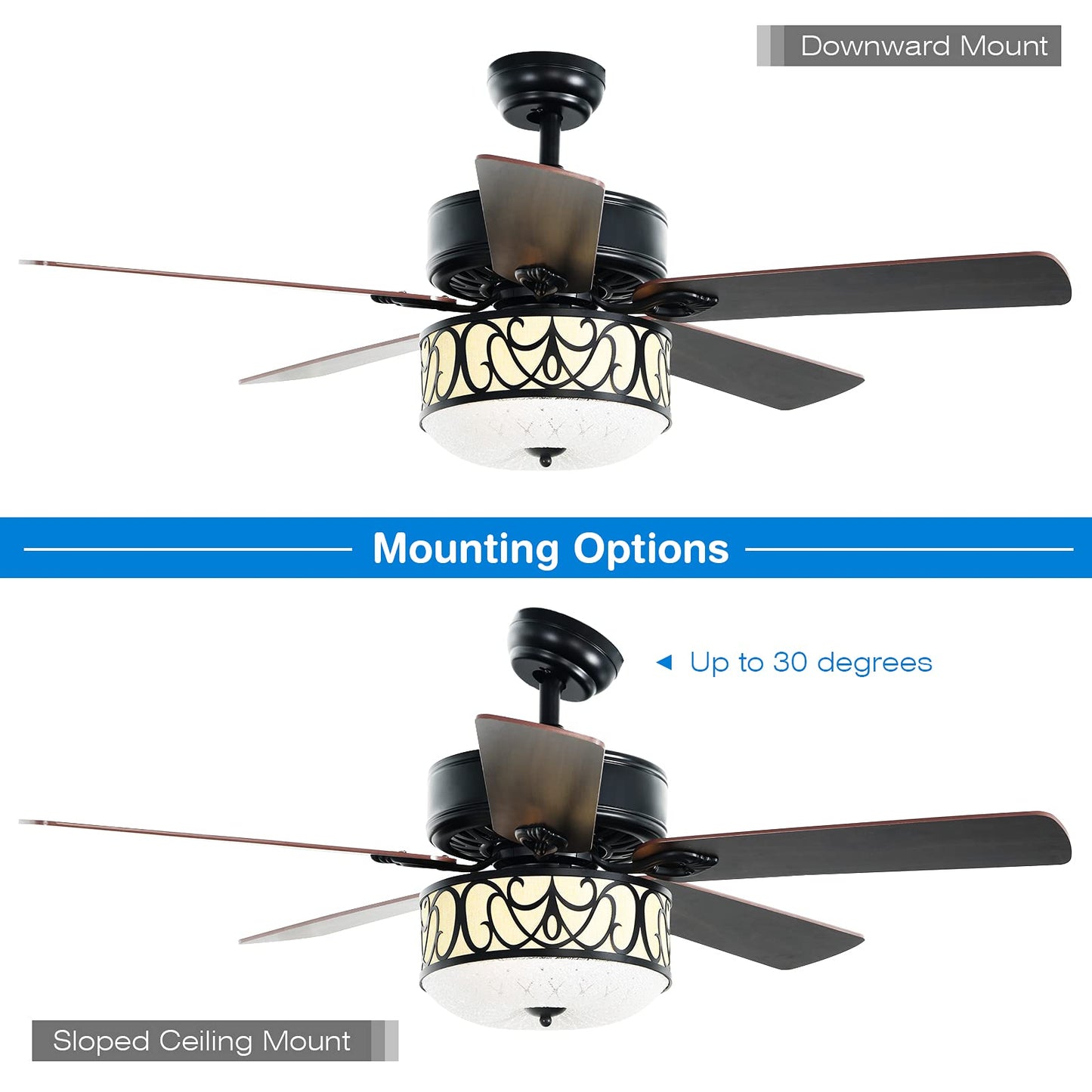 52” Ceiling Fan w/Lights & Remote Control, Lighting Fan w/5 Reversible Blades, 3 Wind Speed