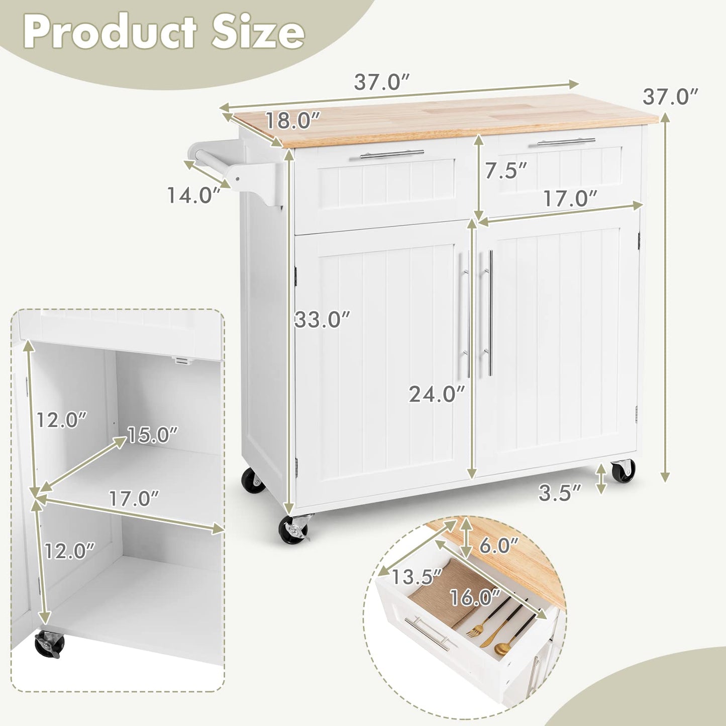 Kitchen Island Cart on Wheels with Side Towel Bar