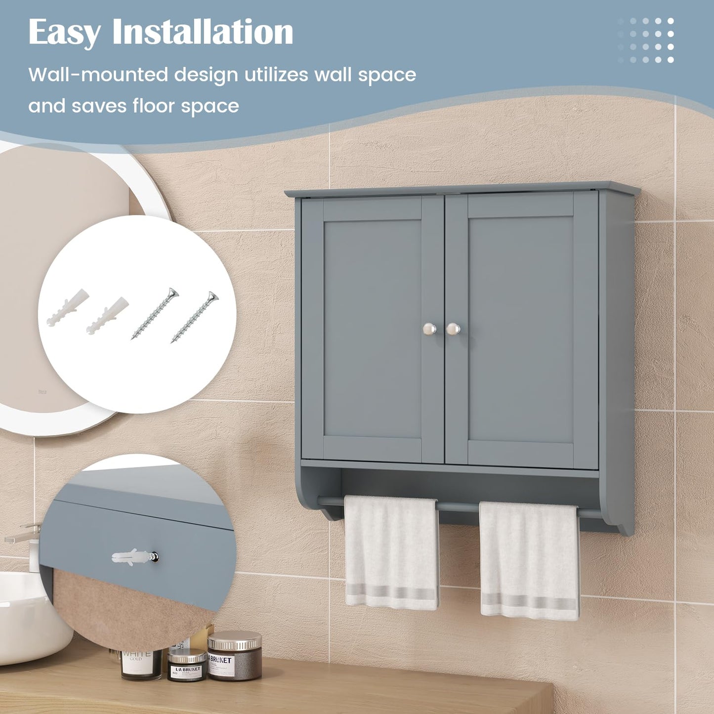 Bathroom Wall Cabinet Over The Toilet Storage Cabinet w/ 2 Doors Adjustable Shelf and Towel Bar