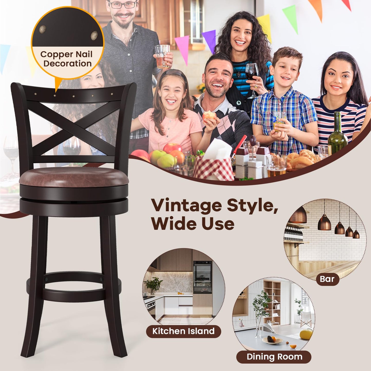 30" Swivel Counter Height Bar Chairs with Copper Nails