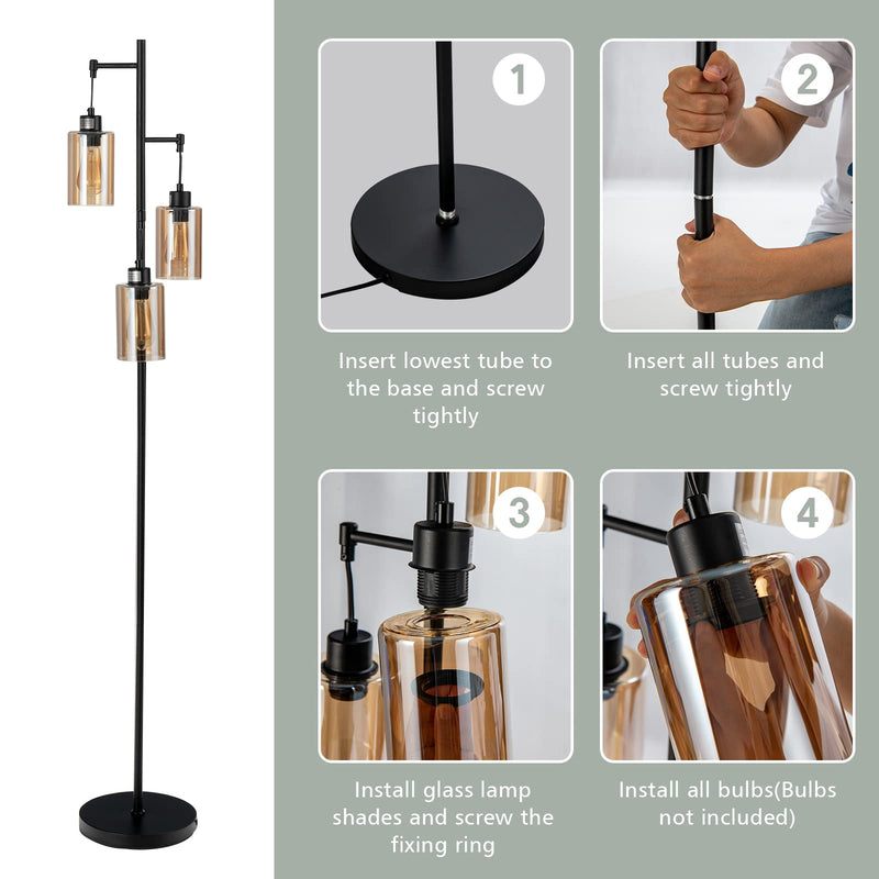 ARLIME 3 Lights Floor Lamp, Retro Floor Lamp with 3-Head Hanging Amber Glass Shade