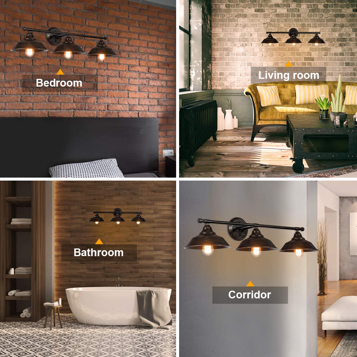 Vanity Light, 3 Light Wall Sconce, Industrial Metal Wall Mount Lamp, Rustic Indoor Wall Lamp Light Shade