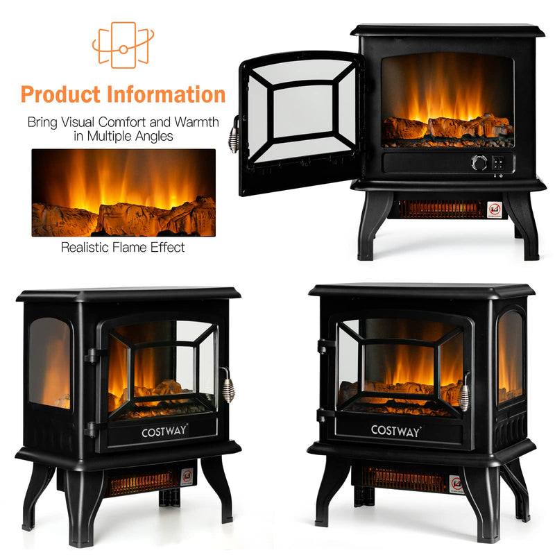 Electric Fireplace Stove 17-Inch Wide Freestanding Space Heater with 3D Realistic Flame