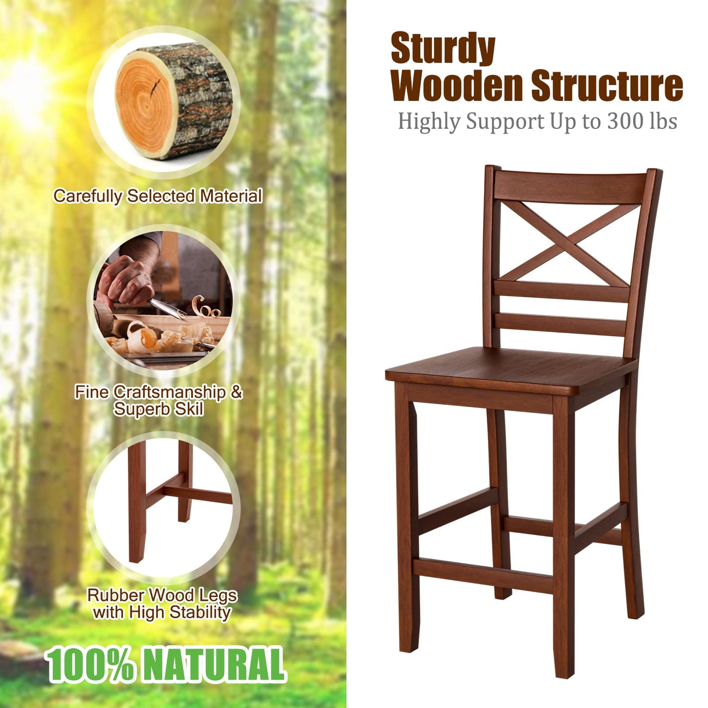 Antique Kitchen Counter Height Chairs with Wooden X-Shaped Backrest & Rubber Wood Legs