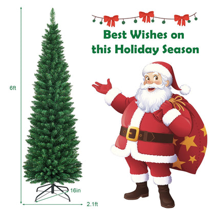 6FT Pencil Christmas Tree Slim Skinny Hinged Pine Tree with PVC Material