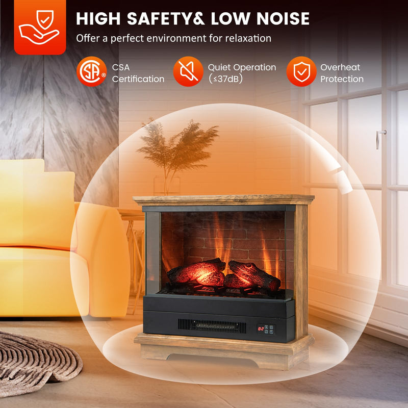 Electric Fireplace with 3-Sided Glass 27-inch Wide, 1400W Freestanding Fireplace Heater with Remote Control