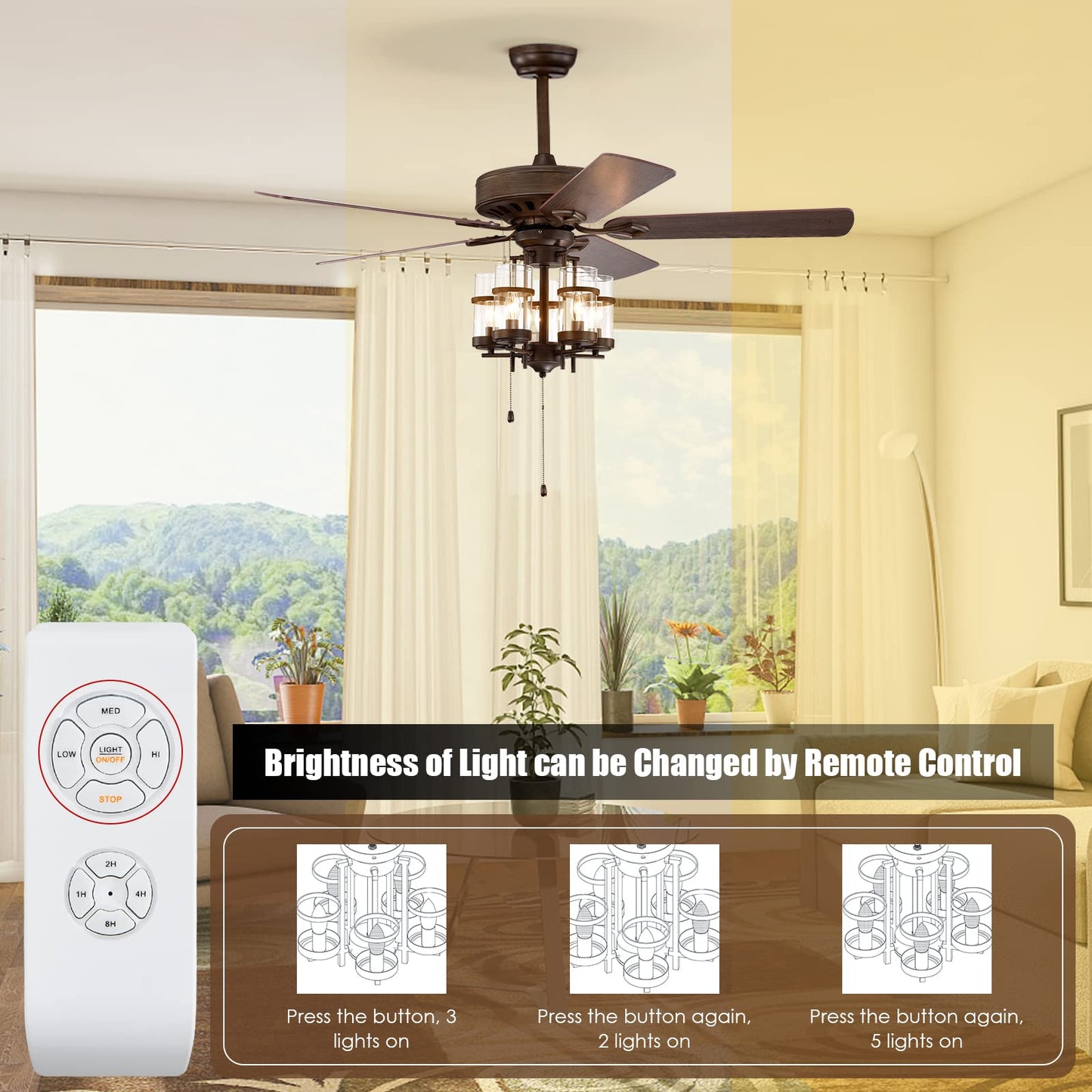50-Inch Ceiling Fan Light, Classic Ceiling Fan Lamp with 5 Explosion-Proof Glass Lampshades