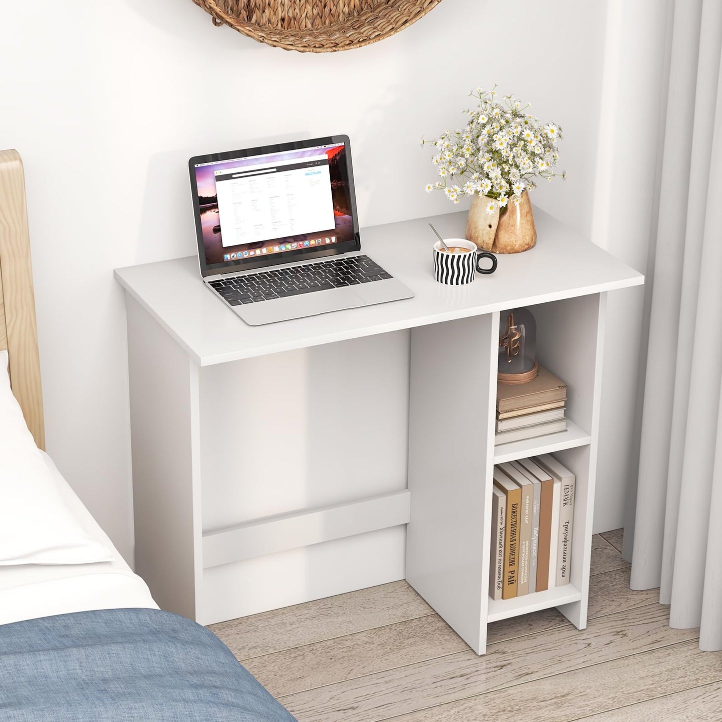 31.5” Space Saving White Writing Desk Modern Home Office Computer Workstation with Adjustable Shelf