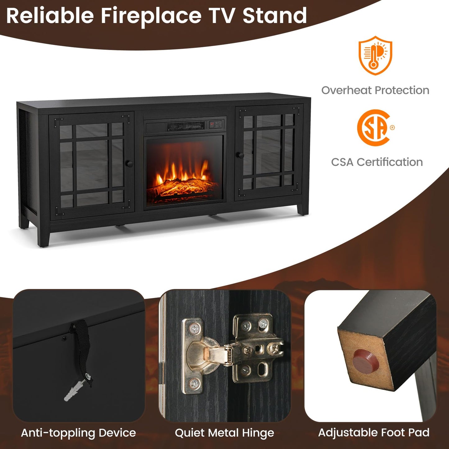 Electric Fireplace TV Stand for TVs up to 65-inch, 18-inch Fireplace Entertainment Center with Remote Control