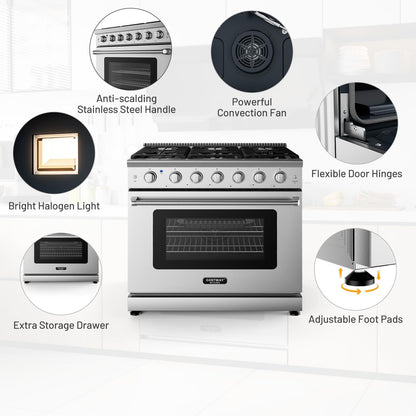 36 Inches Natural Gas Range, with 6 Burners Cooktop & 6 Cu.Ft. Convection Oven, Storage Drawer