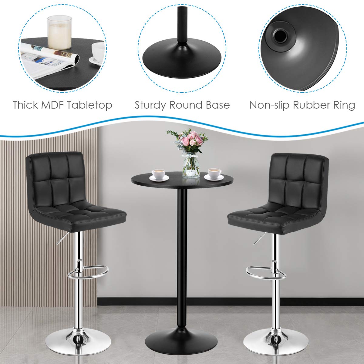 3-Piece Bar Table Set-Round Cocktail Table and PU Leather Adjustable Swivel Chairs