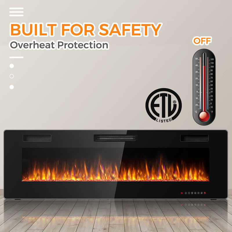 750W/1500W Wall Recessed and Mounted Fireplace with Remote Control (60-Inch)