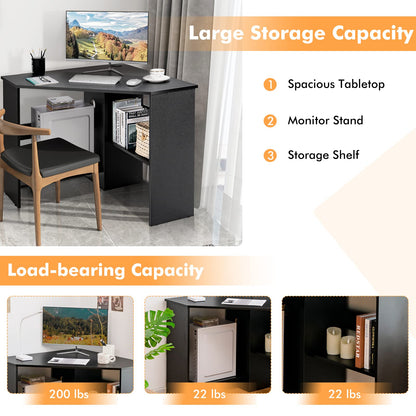 Corner Computer Desk Space-Saving Triangular Writing Desk w/ 2 Storage Shelves & 2 Cable Holes