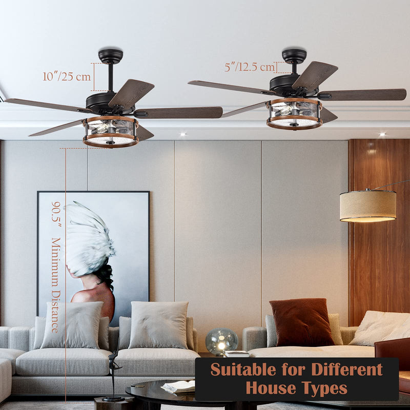 52Inch Ceiling Fan Light with Remote Control, Ceiling Lighting Fan with 5 Blades & Bubble Glass Shade