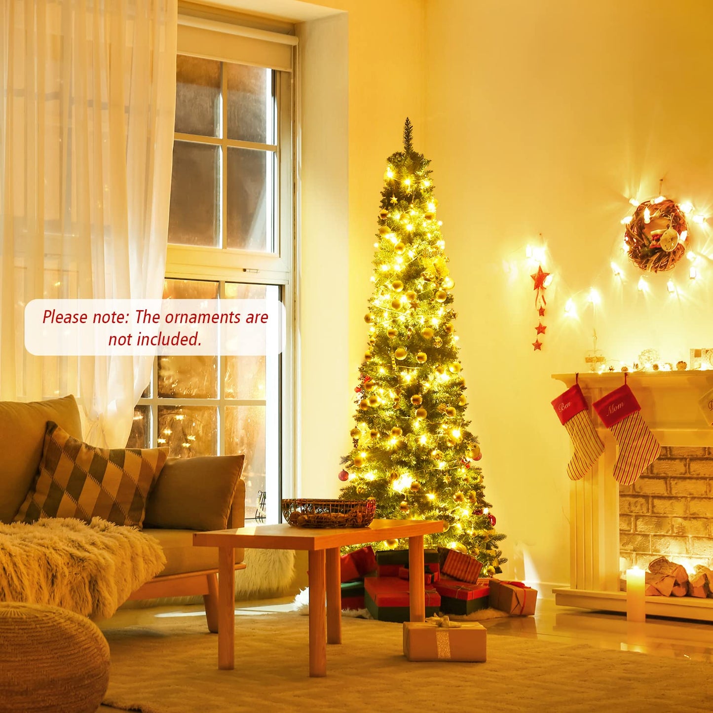 7FT Pencil Christmas Tree Slim Skinny Hinged Pine Tree with PVC Material