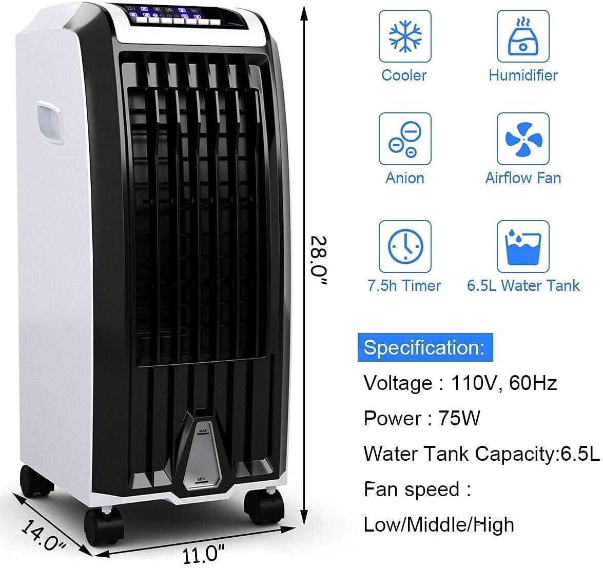 ARLIME Evaporative Air Cooler, 28" Portable Air Conditioner w/Remote, 1.7 Gallon Water Tank, 7.5H Timer