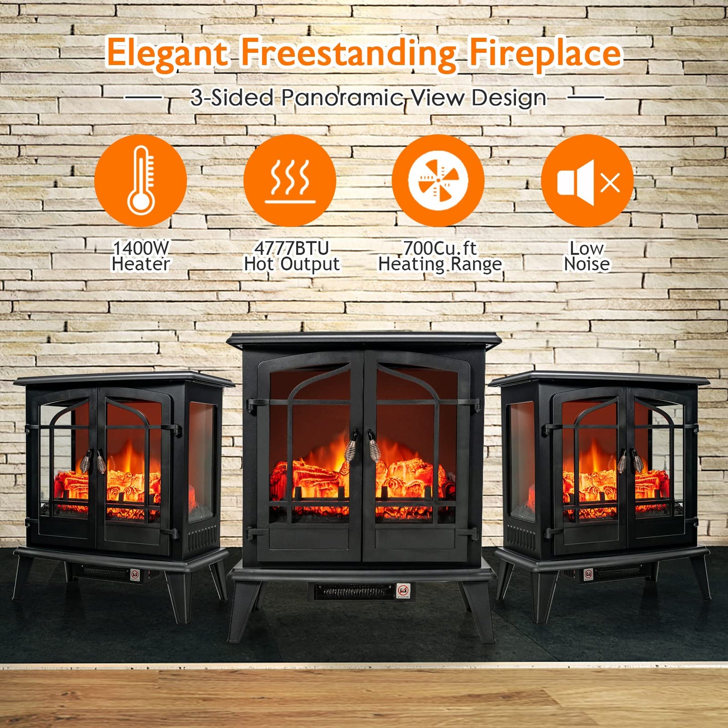 25 Inches Electric Fireplace Stove, 1400 W Freestanding Fireplace Heater, Indoor Electric Stove Heater