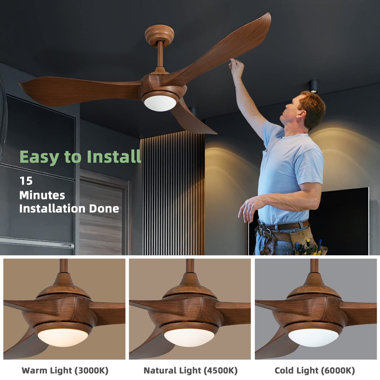52 Inch Ceiling Fan Outdoor, Propeller Ceiling Fan with LED Light & Remote Control