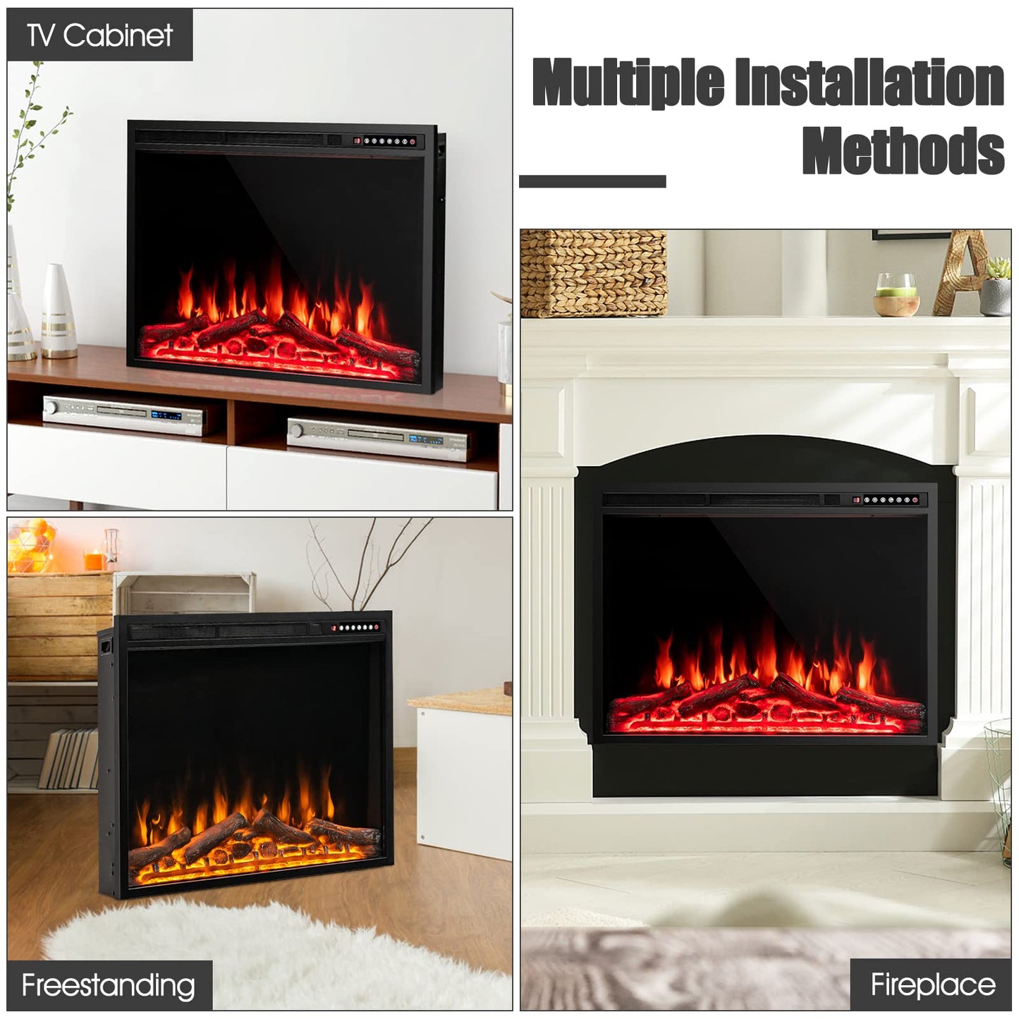 37-Inch Electric Fireplace, Wall-Mounted and Recessed Fireplace Heater with 4 Flame and Log Colors