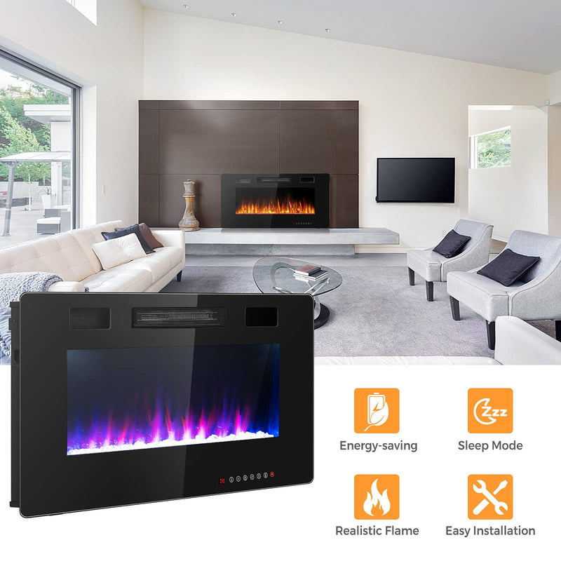 36-Inch Electric Fireplace Insert 750W/1500W Wall Recessed and Mounted Fireplace