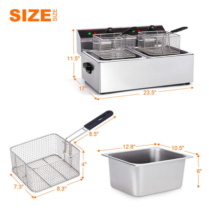 ARLIME Commercial Deep Fryer, 3400W Countertop Electric Fryers w/Basket Large Dual Tank Chicken Chips Fryer 2 x 5.8QT/5.5L