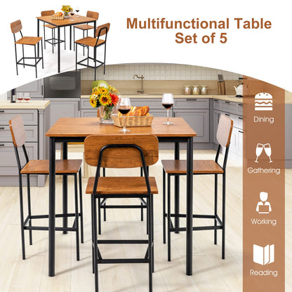 5 Piece Dining Table Set with 4 Bar Stools