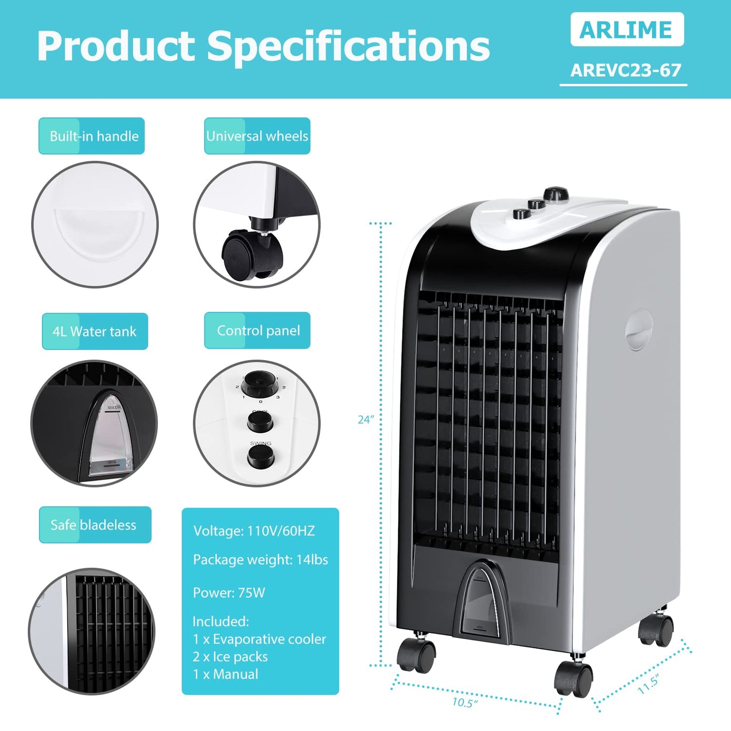 ARLIME Evaporative Air Cooler, Windowless Swamp Cooler Fan & Humidifier with 3 Modes, 3 Speeds, 2 Ice Boxes